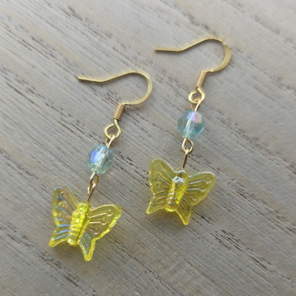 Handmade Yellow Butterfly Earrings with Blue Beads